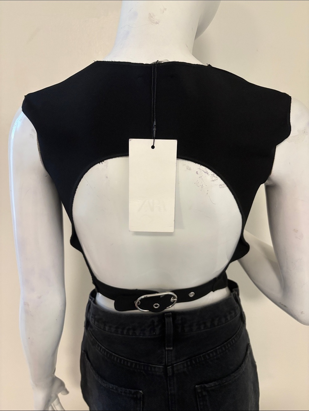 Zara Black Sleeveless Ribbed Open Back Muscle Tank w Buckle Strap Closure